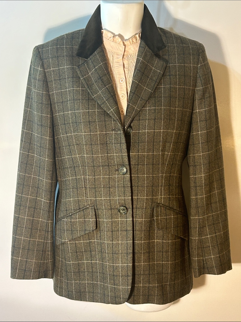 Jones New York Mossy Green Wool Plaid Blazer Academia Heritage English Country